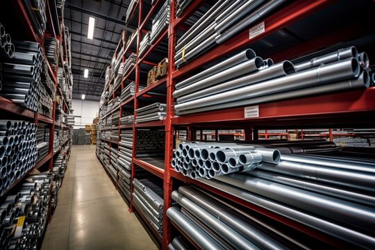 Large inventory of steel, aluminum, and chrome pipes available for fast delivery in warehouse. Generative AI