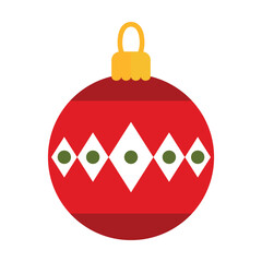 Red Christmas toy vector. Red glass ball patterned with diamonds and dots. Multicolored flat vector icon representing celebration concept isolated on white background