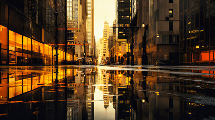Fototapeta premium Stadtlandschaft. Lichtspiegelung nach dem Regen. Generiert mit KI