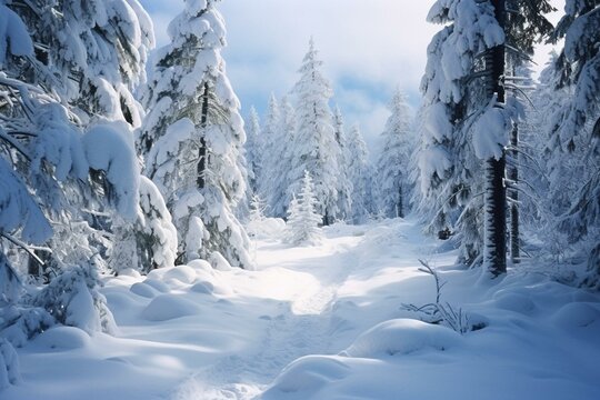 Snow-covered conifers in a winter landscape. Generative AI