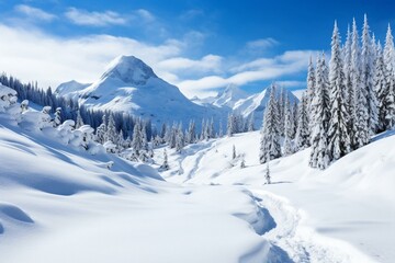 Winter wonderland scenery featuring snow-covered trees and towering mountains. Generative AI