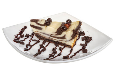 cheesecake with chocolate sauce.