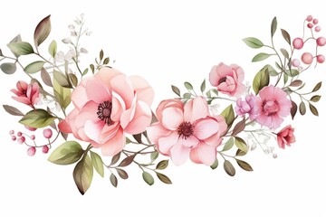 Watercolor floral garland illustration on white background. Generative AI