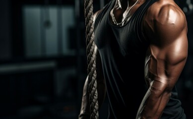 Gym goer trains triceps using a rope for a powerful upper body - obrazy, fototapety, plakaty