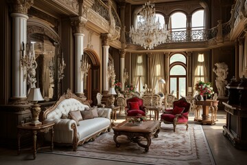Fototapeta na wymiar Luxurious European palace-style living room in a lavish residence adorned with traditional furniture. Generative AI