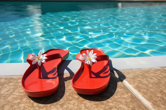 Vibrant red flip flops resting poolside, ready for a refreshing swim