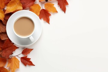 A cup of coffee and fall leaves top view. Autumn flat lay on a light background with a place for text. AI generative