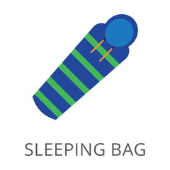 Tourist sleeping bag for hikers and climbers isolated on white. Colored flat vector icon of tourist items. Travelling and tourism concept