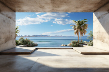 Abstract empty minimal open space concrete interior with beach with palm trees and sea,