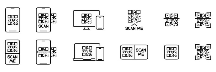 QR code scan set line icons. Payment, scanner app. Vector Illustration