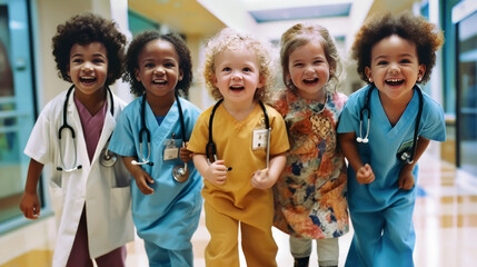 Education Medical in the Medical school of future doctors. Little girls dressed in medical gowns and stethoscopes at school playing doctors. Generative Ai