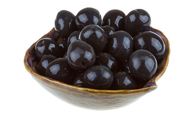Olives black watered with olive oil in a bowl isolated on a whit