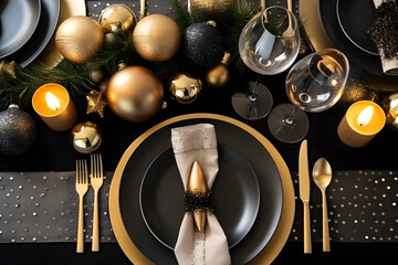 Flat lay detail of Christmas dinner table setting