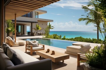 Stylish oceanfront residence boasting modern design, beach access, and a personal pool. Generative AI