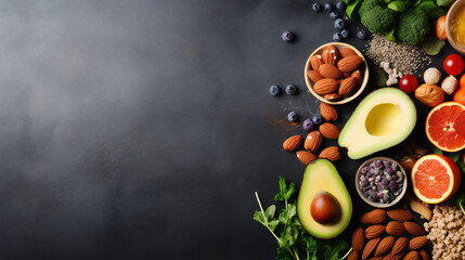 Obraz na płótnie Canvas Healthy food Products, Vegetarian meal on a dark background. Ai generative.