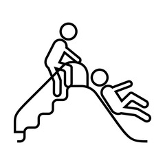 Children sliding down at playground isolated on white. Childhood and leisure. Children pictogram symbol. Simple thin line black and white vector icon