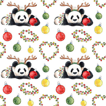 Watercolor seamless pattern Christmas panda. New Year illustration for gift wrapping, decoration of fabrics and textiles, invitations, paper.