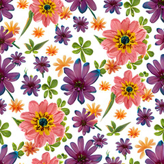 Fototapeta na wymiar Blooming seamless pattern. Plant background. A lot of different flowers. 