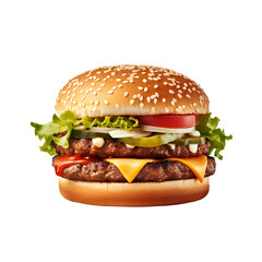 Tasty beef burger with cheese and vegetables, isolated on transparent background