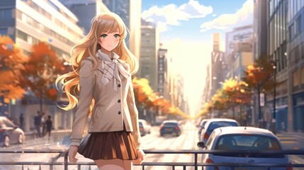 Anime Girl walk in the streets.