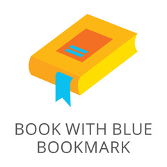 Yellow book in cover with blue bookmark isolated on white. Colored flat vector web page icon. Computer and mobile devices interface concept