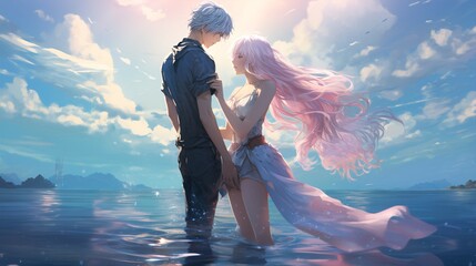 Fototapeta premium Anime Love in the Clouds - Enchanting Aerial Romance.