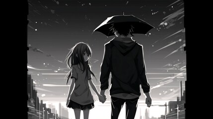 Anime Couple Walking - Black and White.