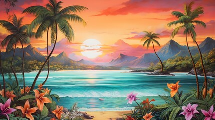 Tropical Tranquility: Artistic Sunset Painting of a Beach Paradise