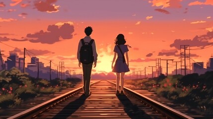 Fototapeta premium Anime Couple Walking on Railway Track - Love and Happiness.