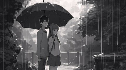 Anime Couple Strolling in the Rainy Season - Black and White.