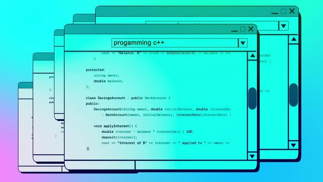 programming windows popping to the fore and the last window shows the programming language and writing c++ code