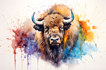 Modern colorful watercolor painting of a bison, textured white paper background, vibrant paint splashes. Created with generative AI