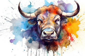 Modern colorful watercolor painting of a buffalo, textured white paper background, vibrant paint splashes. Created with generative AI