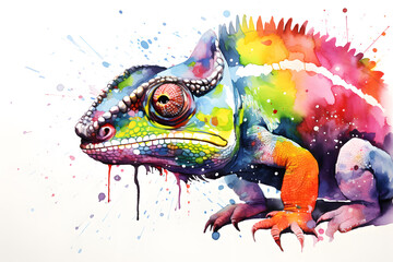 Modern colorful watercolor painting of a chameleon, textured white paper background, vibrant paint splashes. Created with generative AI