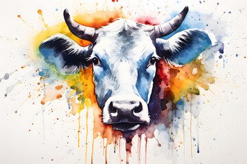 Modern colorful watercolor painting of a cow, textured white paper background, vibrant paint splashes. Created with generative AI