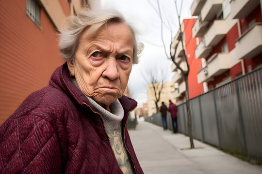 An old woman being suspicious, shot in an urban environment, emotions or moods concept. Generative AI