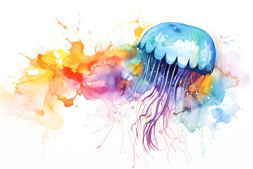 Modern colorful watercolor painting of a jellyfish, textured white paper background, vibrant paint splashes. Created with generative AI