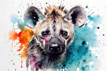 Modern colorful watercolor painting of a hyena, textured white paper background, vibrant paint splashes. Created with generative AI