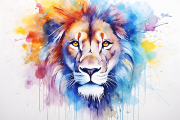 Modern colorful watercolor painting of a lion, textured white paper background, vibrant paint splashes. Created with generative AI
