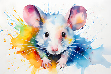 Modern colorful watercolor painting of a mouse, textured white paper background, vibrant paint splashes. Created with generative AI - obrazy, fototapety, plakaty