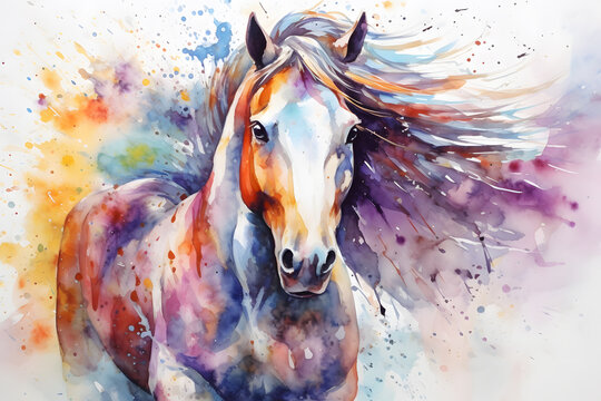 Modern colorful watercolor painting of a horse or mare, textured white paper background, vibrant paint splashes. Created with generative AI