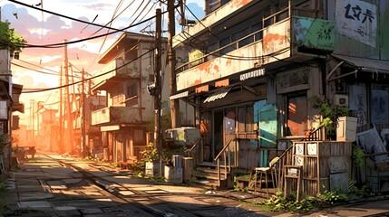 Fototapeta premium Anime Japanese Cityscape - Vibrant World Background.