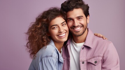 Close-up portrait of two her she his he nice attractive charming lovely cute cheerful cheery person wearing denim jacket embracing isolated over gray violet purple pastel background