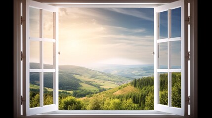 Stunning Open Window with Mountain, Trees, and Sun View.