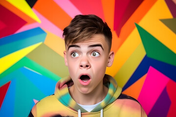 Studio portrait of a teenager boy being confused and surprised, isolated on colorful background. Teenager emotions or moods concept. Generative AI