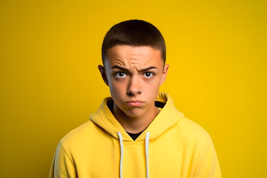 Studio portrait of a teenager boy being envious or jealous, isolated on colorful background. Teenager emotions or moods concept. Generative AI