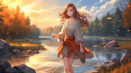 Beautiful Anime Woman in Professional outfit,  nature Background.