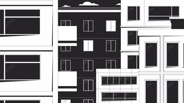 Lights goes out in windows bw outline cartoon animation. 4K video motion graphic. Evening apartment building exterior 2D monochrome linear animated background full frame, aesthetic lofi live wallpaper