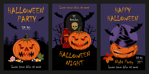 Set of vector illustrations with pumpkins for Halloween. Angry pumpkin. Set of elements for cards, flyers, banners.