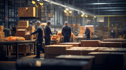Anonymous warehouse workers. Overtime employees meeting shipping deadline. 